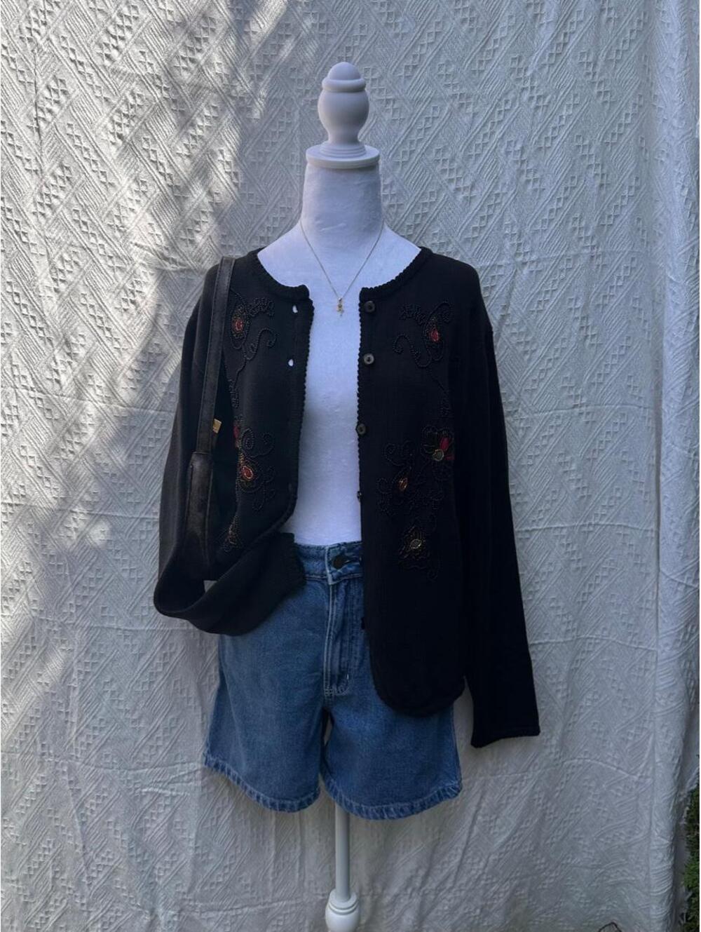 Beaded Floral Black Knit Button Up Cardigan 🖤